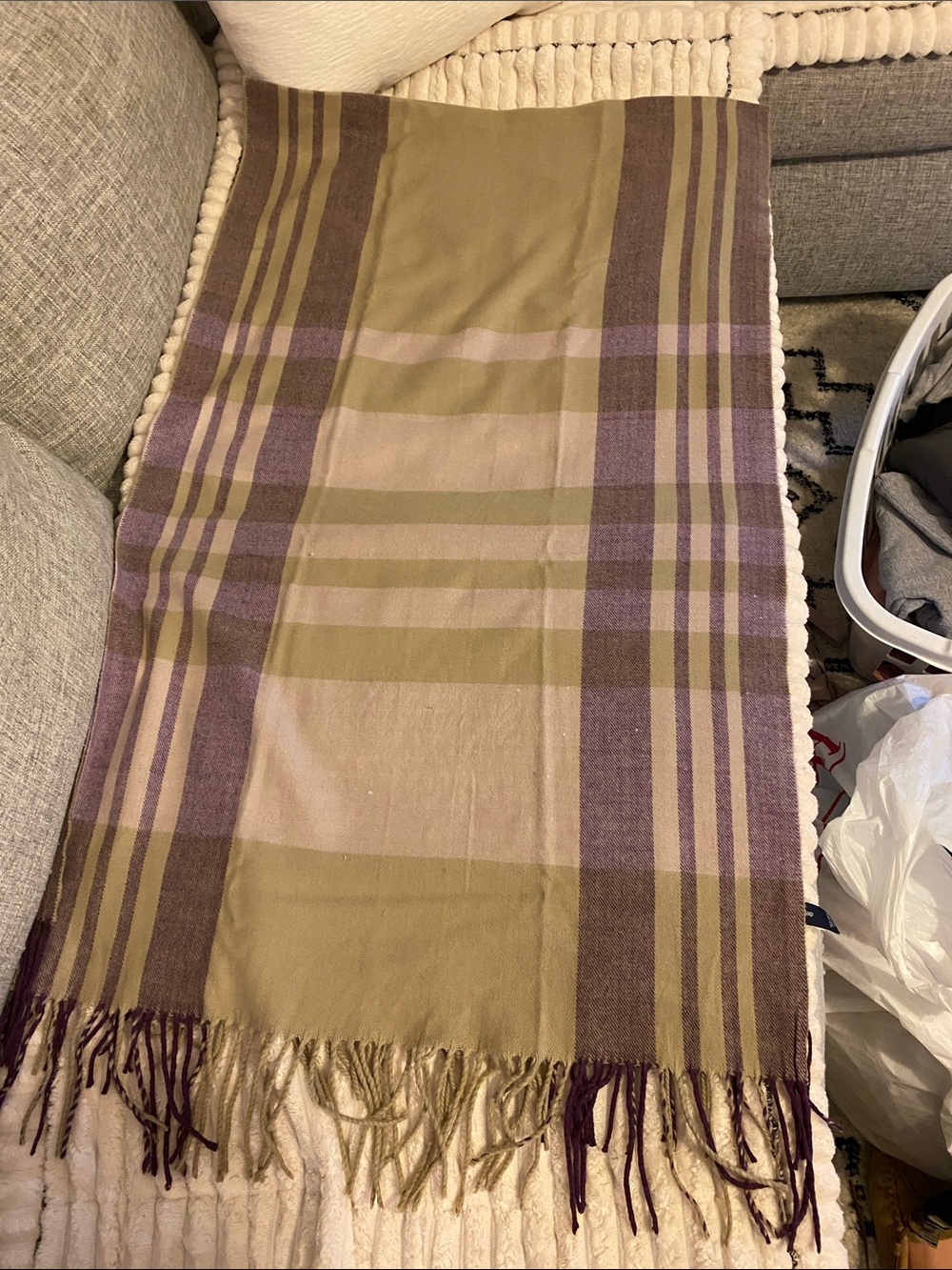 GAP Tan and Purple Striped Plaid Pashmina Scarf